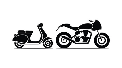 Black silhouette of a vintage scooter and a cafe racer motorcycle side view on transparent background