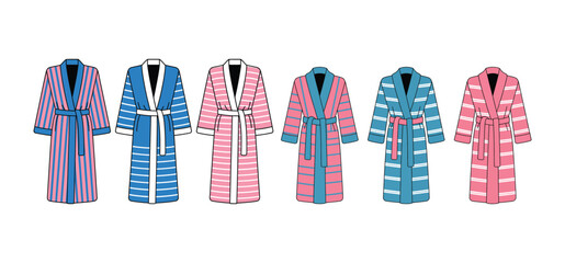 Collection of comfortable striped bathrobes and dressing gowns featuring blue and pink color schemes for hotel spa or home wear vector illustration