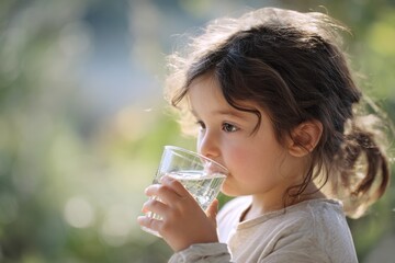 Young child drinking refreshing water outdoors on a sunny day