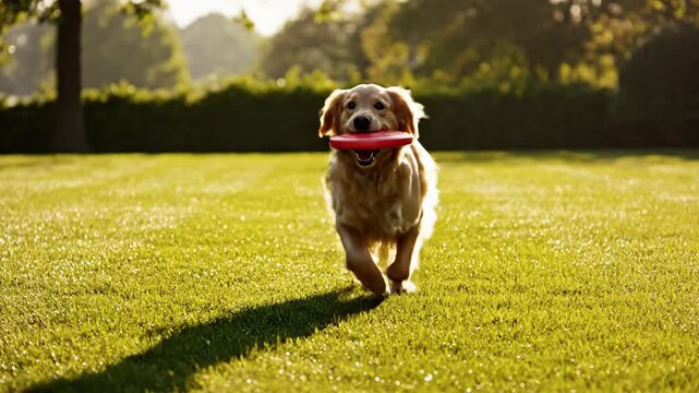 A beautiful, energetic golden-colored dog bounds across a sun-drenched, dew-kissed green lawn, joyfully carrying a vibrant red flying disc in its mouth. The playful canine is in full stride, ears flap