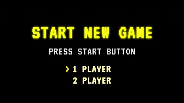 START NEW GAME . pixel art .8 bit game.for game assets in vector illustration.with player one and two menus. 4k video.