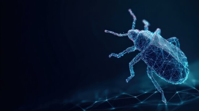 An abstract and futuristic representation of a digital insect, possibly a data bug or virus. ..Created with Generative AI, not depicting real subjects. - Powered by Adobe