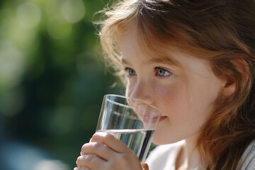 Young girl happily drinking water from clear glass on sunny day