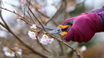 Pruning blooming cherry blossom branches with gardening shears