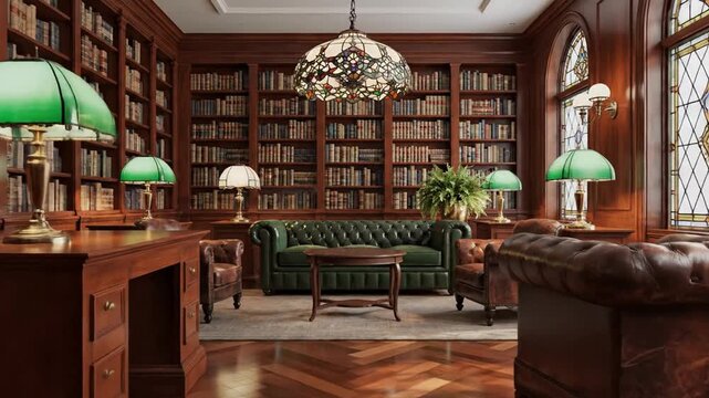 Elegant Library Interior with Classic Decor and Abundant Bookshelves.