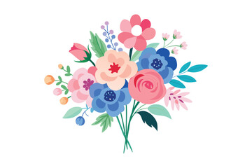 Watercolor pink blue floral bouquet on white background