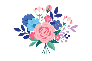 Watercolor pink blue floral bouquet on white background