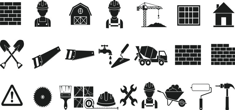 Construction and building industry icon set featuring tools, equipment, workers, materials, and home renovation symbols in black silhouette style