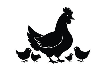 Black silhouette of a hen and chick on a white background