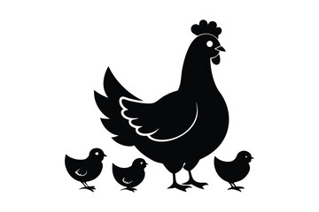 Black silhouette of a hen and chick on a white background