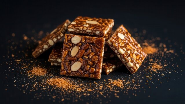 Pile of indian sweet brittle squares, possibly chikki or gajak, made with nuts and jaggery, scattered with crumbs on a dark background, high contrast food shot