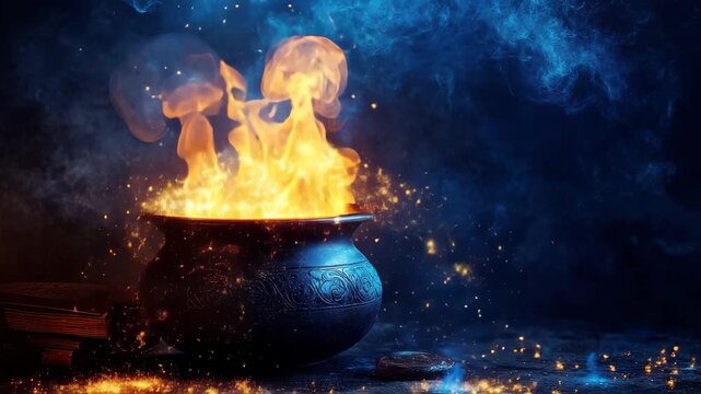 Magic fire burns brightly in a dark setting, creating mesmerizing patterns and colors, Magic fire ignites on a dark background