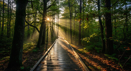 Sunlight streaming through trees onto a wooden path in a forest