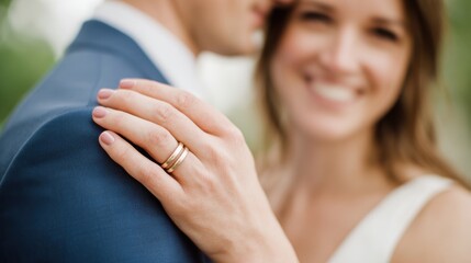 Couple sharing intimate moment with wedding rings in bright outdoor setting