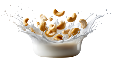 Fresh cashew nuts energetically splash into a bowl of creamy milk, illustrating a nutritious and delicious plantbased option for food branding and dairy alternative marketing.