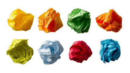 Collection of vibrant crumpled paper balls in various bright colors, perfect for projects involving brainstorming, creative thinking, or discarded ideas and environmental concepts