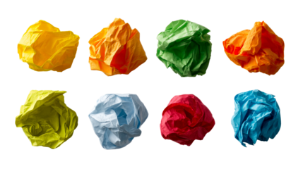 Collection of vibrant crumpled paper balls in various bright colors, perfect for projects involving brainstorming, creative thinking, or discarded ideas and environmental concepts
