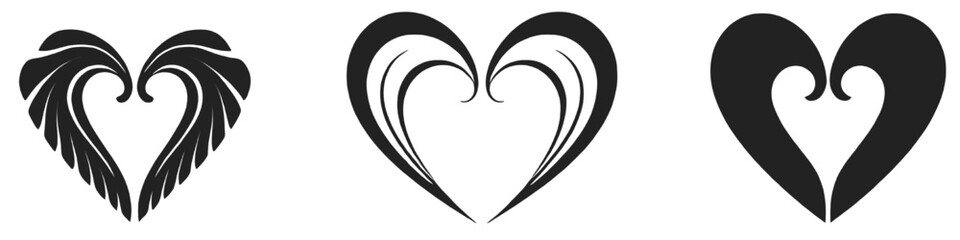 Set of decorative black heart icons with abstract and ornamental shapes. Elegant love symbols isolated on white, suitable for graphic design, branding, Valentine&rsquo;s Day, wedding, and romantic concepts.