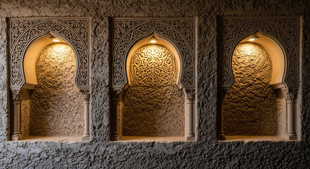Three illuminated arches with intricate patterns on a textured wall