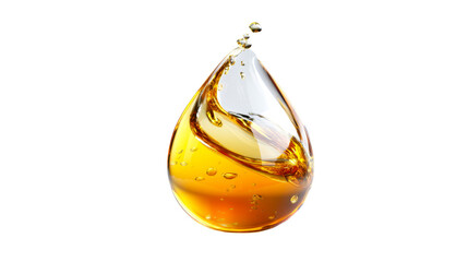 Golden viscous liquid splashes dynamically within a teardrop shape, creating shimmering reflections and small bubbles, ideal for automotive lubricants, cooking oil, or luxury cosmetic