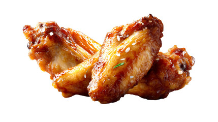 Succulent golden brown glazed chicken wings generously sprinkled with white sesame seeds and fresh green herbs, ideal for tempting restaurant menus, engaging food blogs, or any culinary