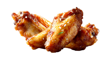 Succulent golden brown glazed chicken wings generously sprinkled with white sesame seeds and fresh green herbs, ideal for tempting restaurant menus, engaging food blogs, or any culinary