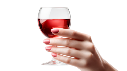 A feminine hand with perfectly painted pink nails gently holding a transparent glass filled with refreshing red ros wine, perfect for lifestyle blogs or beverage promotions.