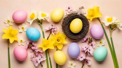 Pastel Easter Eggs and Spring Blossoms Flat Lay with Copy Space - Happy Holiday Greeting Card Background