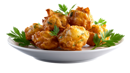 Appetizing golden brown deep fried savory fritters garnished with fresh green parsley served on a white plate perfect for culinary blogs and restaurant menus