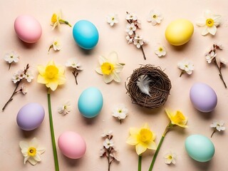 Pastel Easter Eggs and Spring Blossoms Flat Lay with Copy Space - Happy Holiday Greeting Card Background