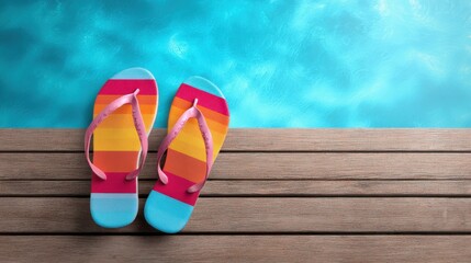 Vibrant rainbow flip flops beside a serene swimming pool edge