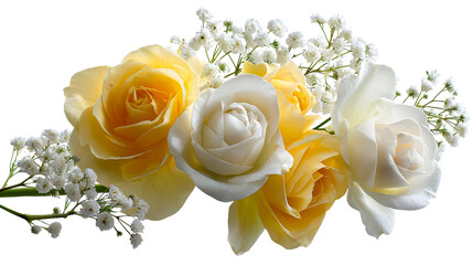 Elegant floral arrangement featuring vibrant yellow and delicate white roses intertwined with airy babys breath, perfect for wedding invitations, greeting messages, or celebratory