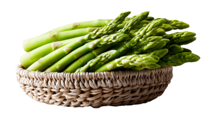 A bountiful collection of vibrant green asparagus spears freshly harvested and neatly arranged in a rustic woven basket, ideal for healthy cooking websites and culinary marketing materials.