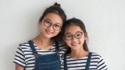 Smiling young girls wearing glasses and striped overalls pose cheerfully