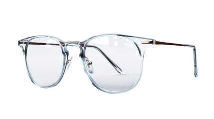 Stylish transparent eyeglasses with modern round frames and dark brown temples, perfect for optical store displays or vision care promotions.