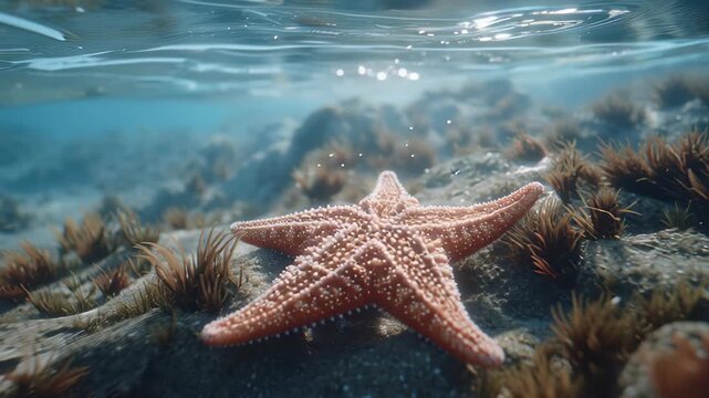 Underwater Starfish on Rocky Seabed with Rippling Water Surface.