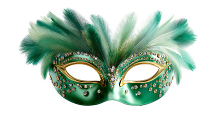 Fototapeta na wymiar Elegant green masquerade mask adorned with shimmering clear rhinestones and soft fluffy feathers, ideal for enchanting carnival celebrations and luxurious costume events.