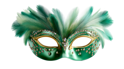 Elegant green masquerade mask adorned with shimmering clear rhinestones and soft fluffy feathers, ideal for enchanting carnival celebrations and luxurious costume events.