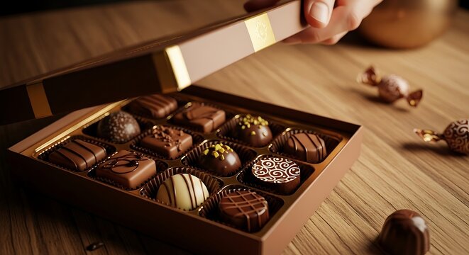 Assorted chocolates in open brown box.