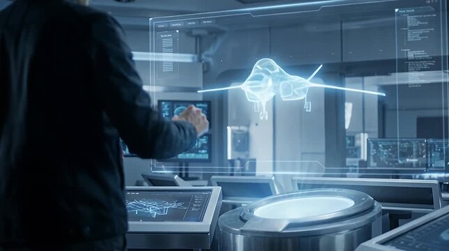 Man in Black Jacket Interacting with Blue Holographic Jet Display in Modern Control Room