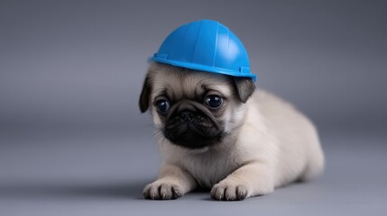 Adorable pug puppy wearing a bright blue safety hard hat