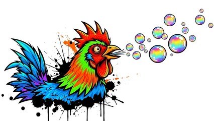 Fototapeta premium Colorful Rooster with Rainbow Bubbles.