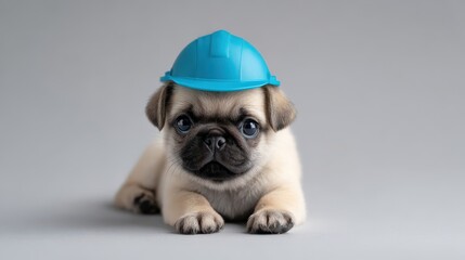 Cute pug puppy sitting seriously in a bright blue construction helmet