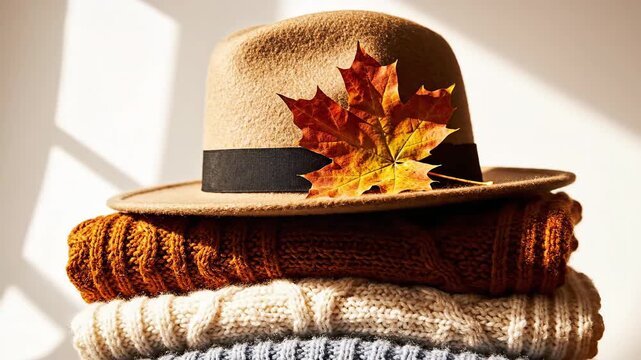 Cozy autumn display with stacked knitted sweaters beige hat with autumn leaf on a pile of cozy sweaters