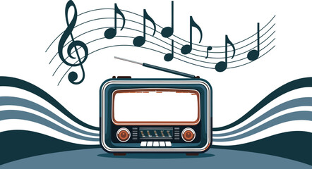 Vintage radio with musical notes and waves on white background