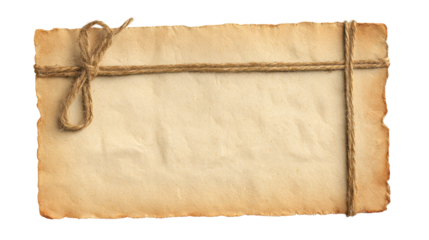 Distressed aged paper document secured with rustic jute twine and a decorative bow offering an authentic textured background for traditional messages, invitations, or historical themes.