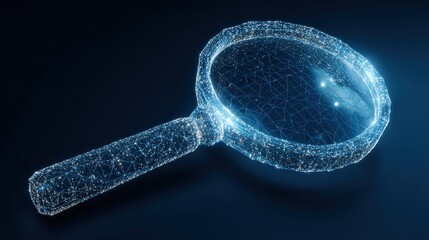 A high-tech digital magnifying glass hovers in mid-air, casting an illuminating glow against a dark blue backdrop. ..Created with Generative AI, not depicting real subjects.