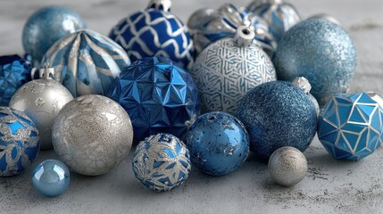 Obraz premium Elegant Blue and Silver Christmas Baubles in Close-Up Macro Shot, Festive Holiday Decorations