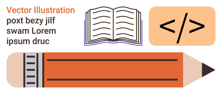 Education, writing, programming, learning, literacy, content creation. Open book, pencil coding symbol. Education and writing concepts highlighted with key tools thumbs up the pencil and book