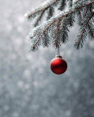 Sparkling Red Christmas Ornament Adorns Snowy Fir Branch Against Soft Bokeh Background, Winter Holiday Scene.
